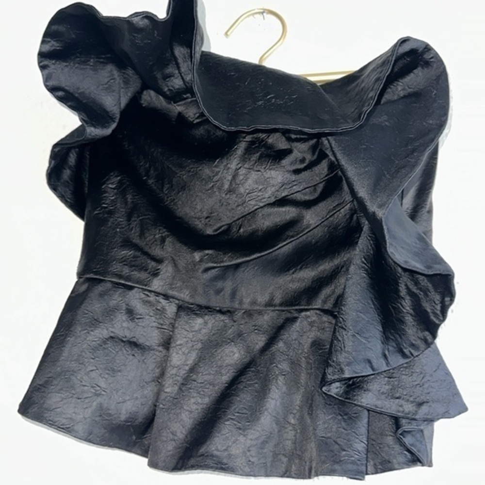 Ronny Kobo Black Satin Jacquard Ruffle Strapless Top Sz. M